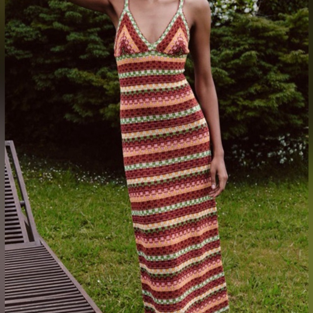 ZARA Crochet Striped Maxi Dress Multicolor Boho Festival Knit Summer Size S